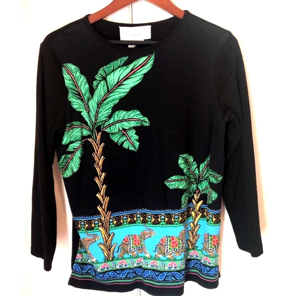 Dianes Essentials Womens Blouse Multicolor Palm Trees Long Sleeve Sequin M